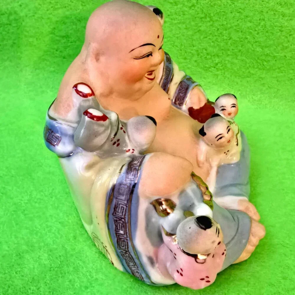 Vintage Chinese Porcelain Laughing Buddha With Five Children Statue hand painted
